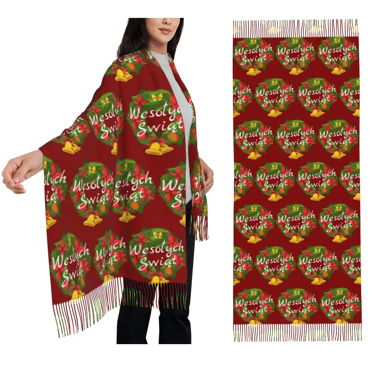 

Wesolych Swiat Polish Xmas Poland Christmas Tree Gift Scarf Tassel Scarves Women Shawls and Wraps Large Fall Winter Shawl Wrap
