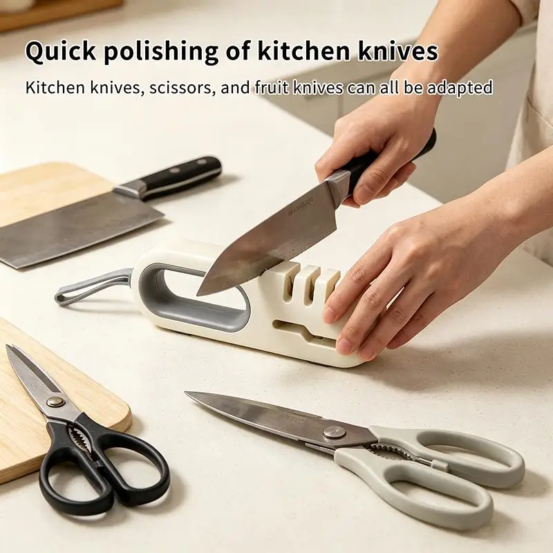 Multi Function White Grey Knife Sharpener Four In One Sharpening Knife Scissors Anti Slip Kitchen Tool