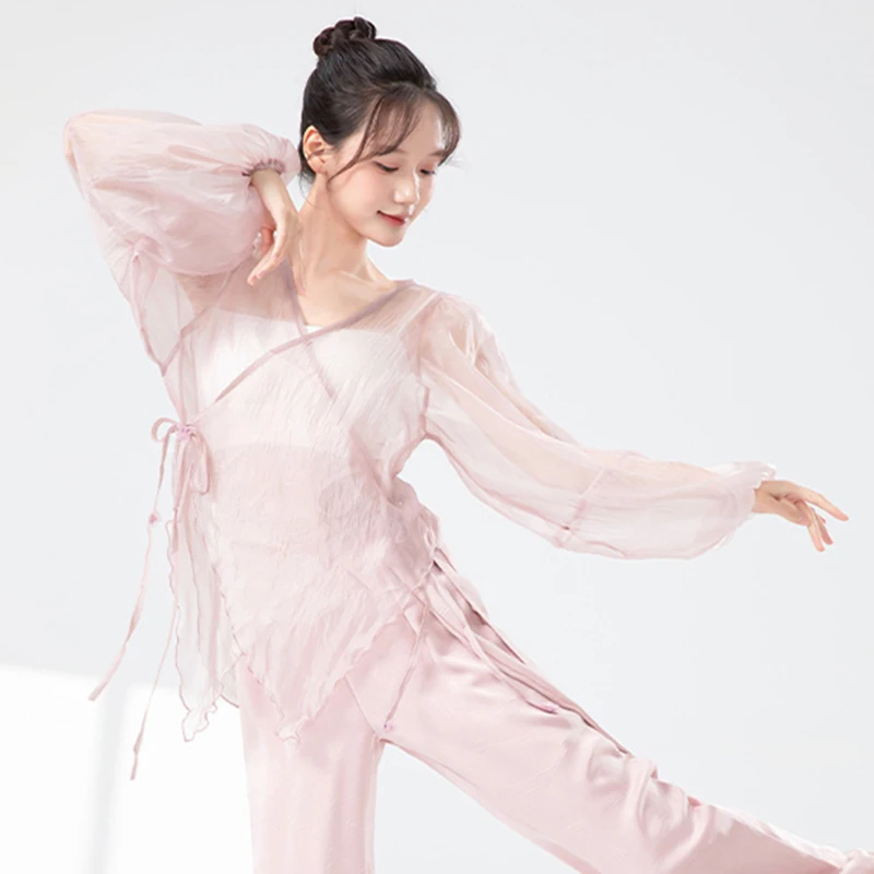 Costume da danza classica Top da donna Cardigan a maniche lunghe a sbuffo Camicia Guaze legata laterale Top larghi Flowy Camicetta da palcoscenico lirico cinese