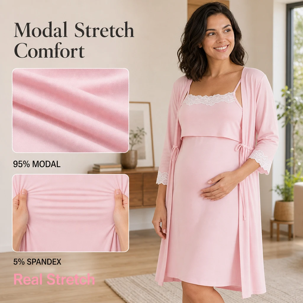 Maternity Nursing Robe Set Lace Trim Breastfeeding Nightgown 2Pcs Pregnant Women Home Hospital Sleepwear