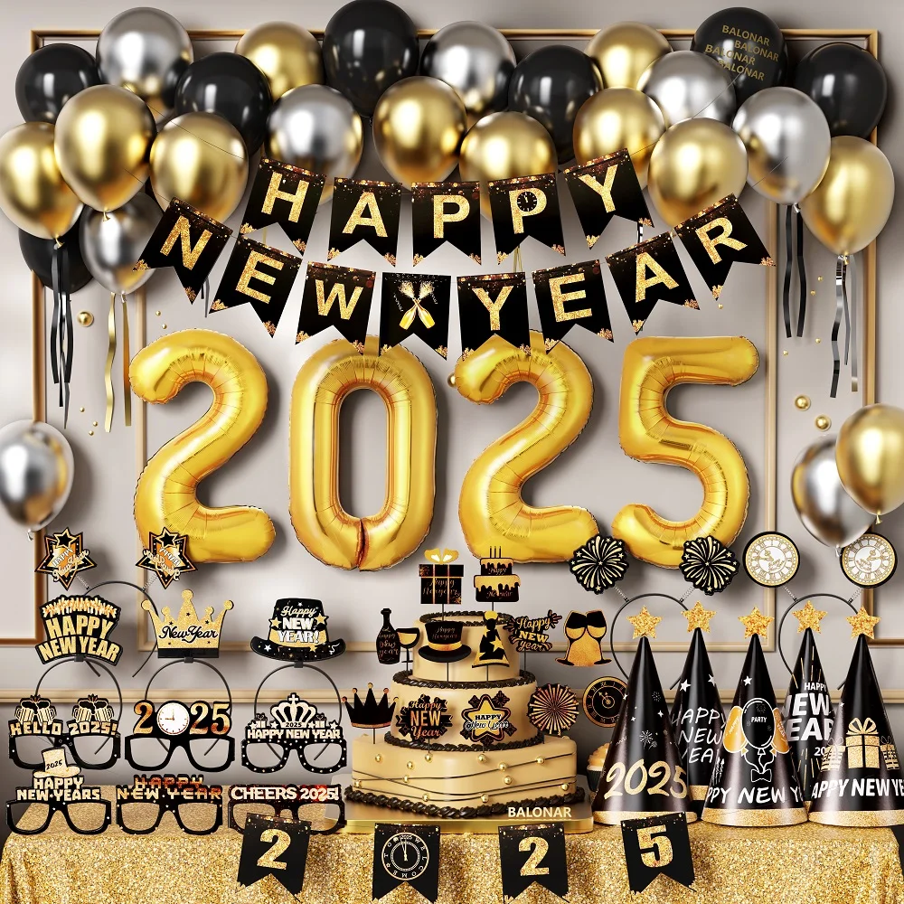 2025 Happy New Year Decor Black Gold  Banner Spiral Countdown Cake Topper Balloon New Year Eve Party Photo Booth Props Supplies