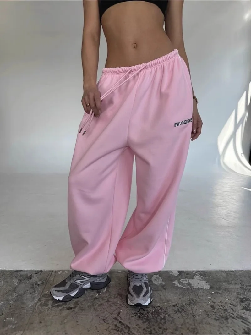 Casual Solid Color Trousers Autumn New Style Elastic Waist Lace Up Letter Embroidered Sweatpants Fashion Sports Style Pants