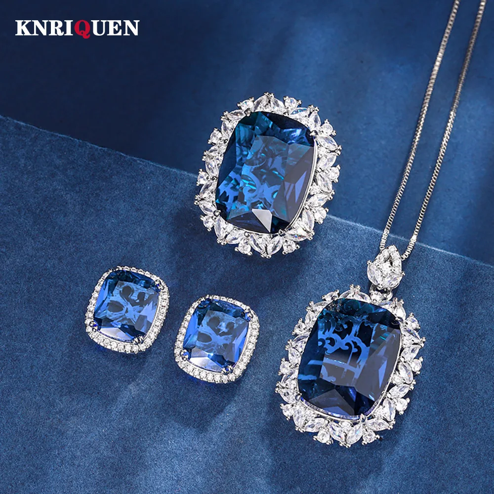 

Vintage Sapphire Gemstone Necklace Pendant Ring Earrings for Women Wedding Party Fine Jewelry Set Accessories Anniversary Gift