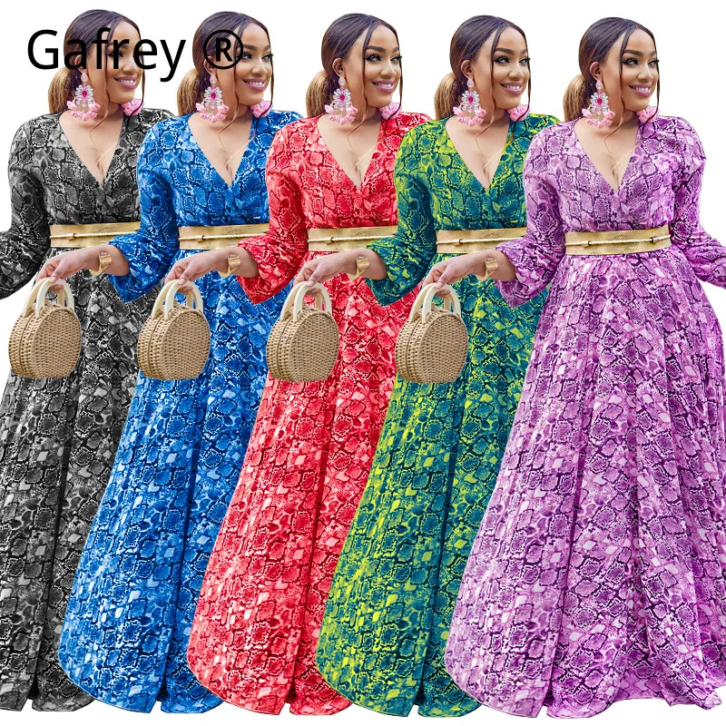 

XXXL 5XL Plus Size Fall Winter Deep V-Neck Snake Print Bodycon Maxi Dress, Sexy Long Sleeve Cocktail Party Dresses for Women
