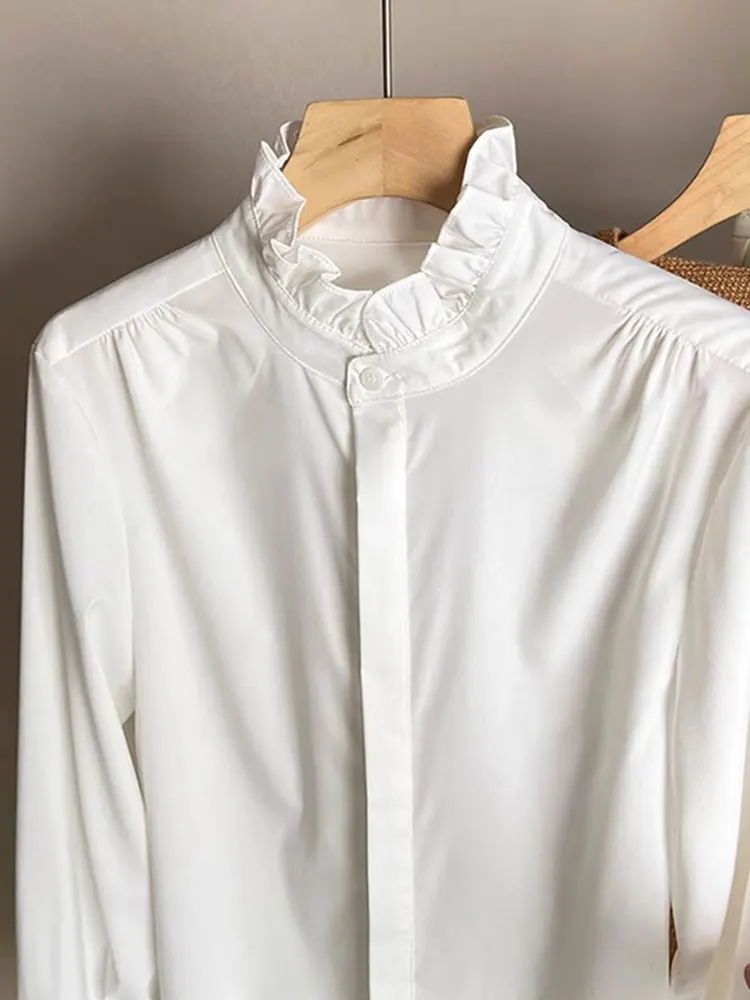 

Comfortable Pure Color Early Autumn Shirt with Wood Grain Casual Long Sleeve Layering Fashionable Women's Silk Top