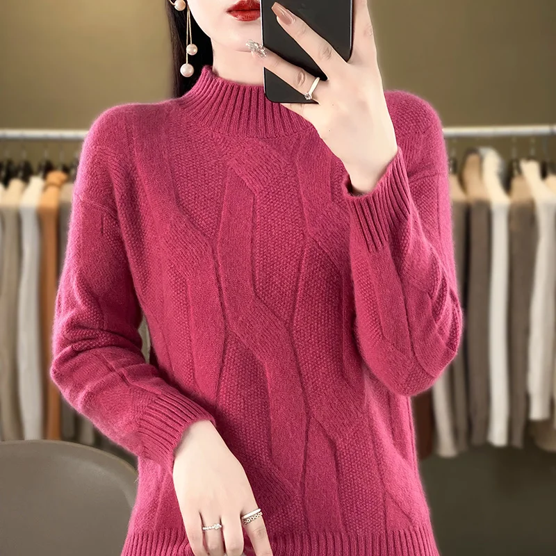 Women\'s Soft Wool Sweater Half-high Collar Twisted Thickened Pullover Autumn Winter Casual Basis Top Cashmere Female Knitwear