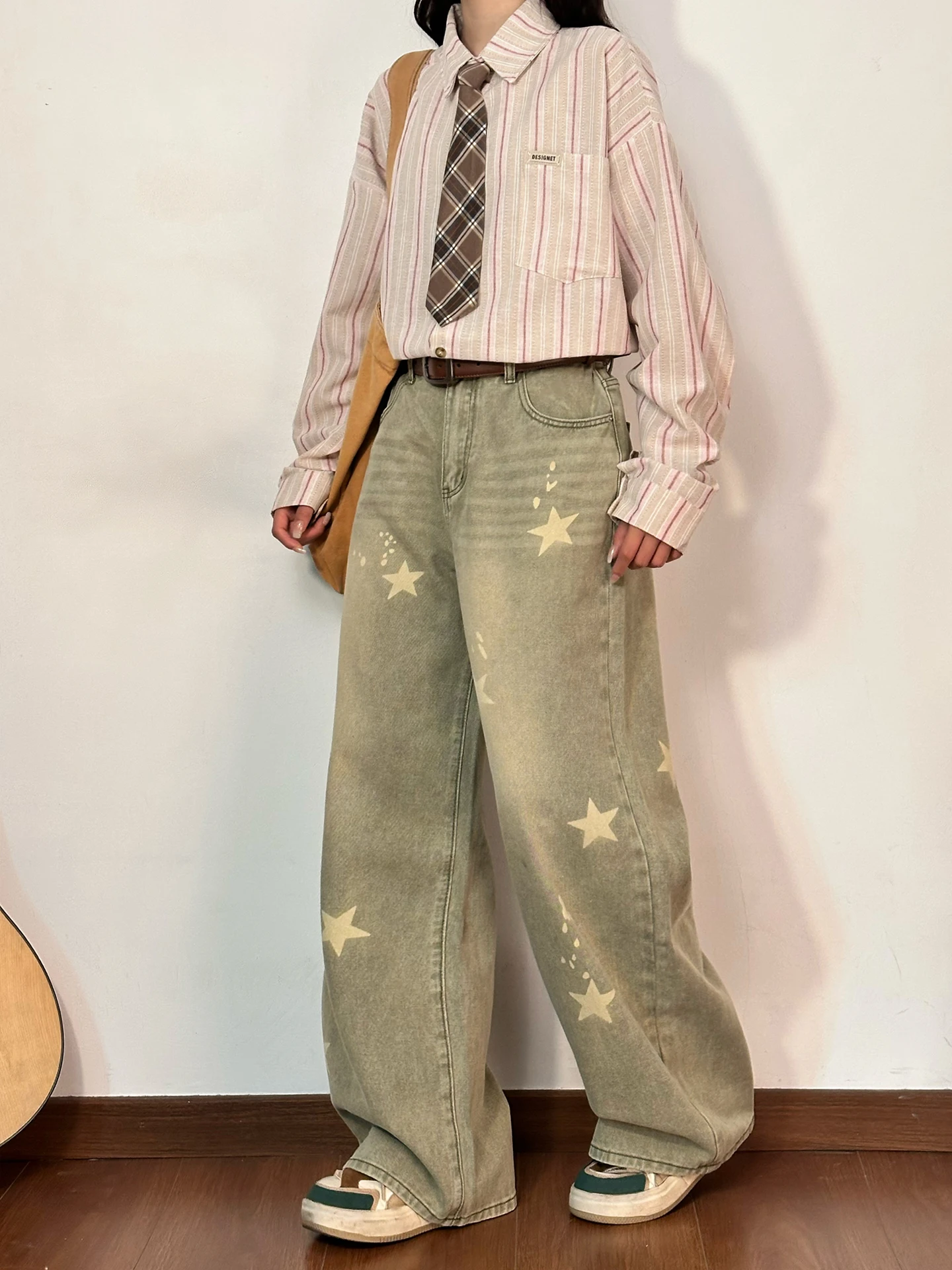 

Джинсы прямого кроя с принтом в стиле ретро, женские свободные универсальные брюки с широкими штанинами, оригинальные модные брендовые джинсовые брюки