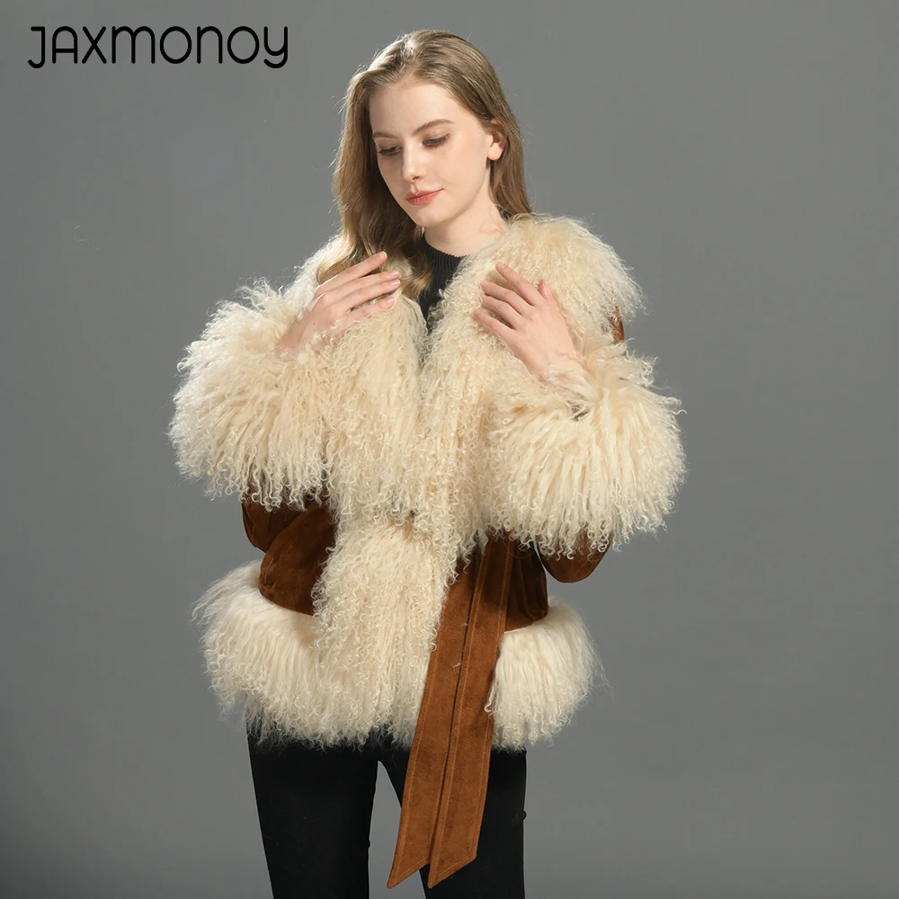 Jaxmonoy Women Real Suede Leather Jacket with Real Mongolian Sheep Fur Trim Lady Winter Fashion Genuine Leather Coat New Arrival