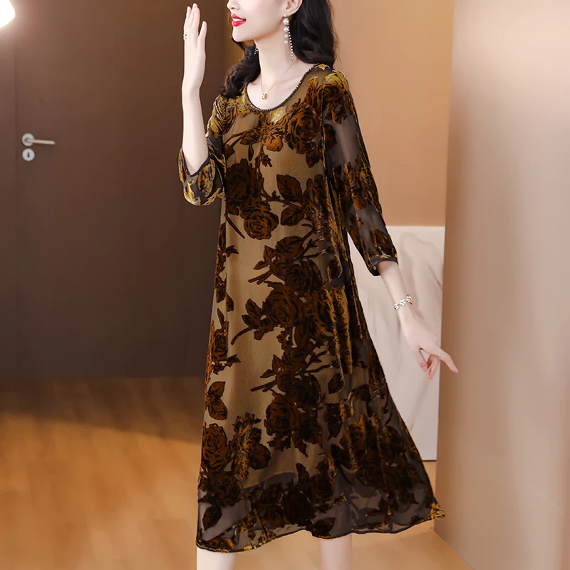 InjFlocked Velvet O-Neck Robe à manches longues pour femmes, Robe longue au genou, Taille rétro, Marron, Nouveau, Automne, Hiver, 2023