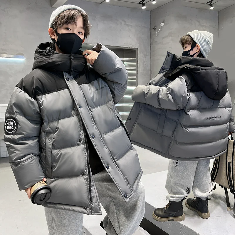 

Осенне-зимняя уличная ветровка со съемным капюшоном для мальчиков, пальто, детская теплая верхняя одежда, повседневная модная однотонная куртка-парка, детские топы