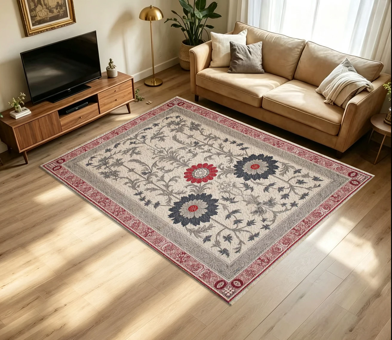 Vintage Farmhouse Floral Rectangle Carpet Flooring Retro Chrysanthemum Flower Vine Ornament Red Gray Border Symmetrical Art Pattern Printed Floor Rug for Household Indoor Classic Home Decoration