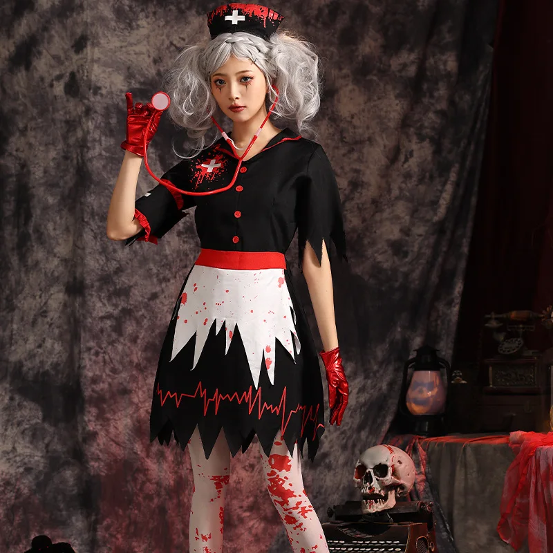 Black Women Bloody Nurse Doctor Cosplay Female Halloween Zombie Walking Dead Costumes Carnival Purim Role Play Show Party Dress