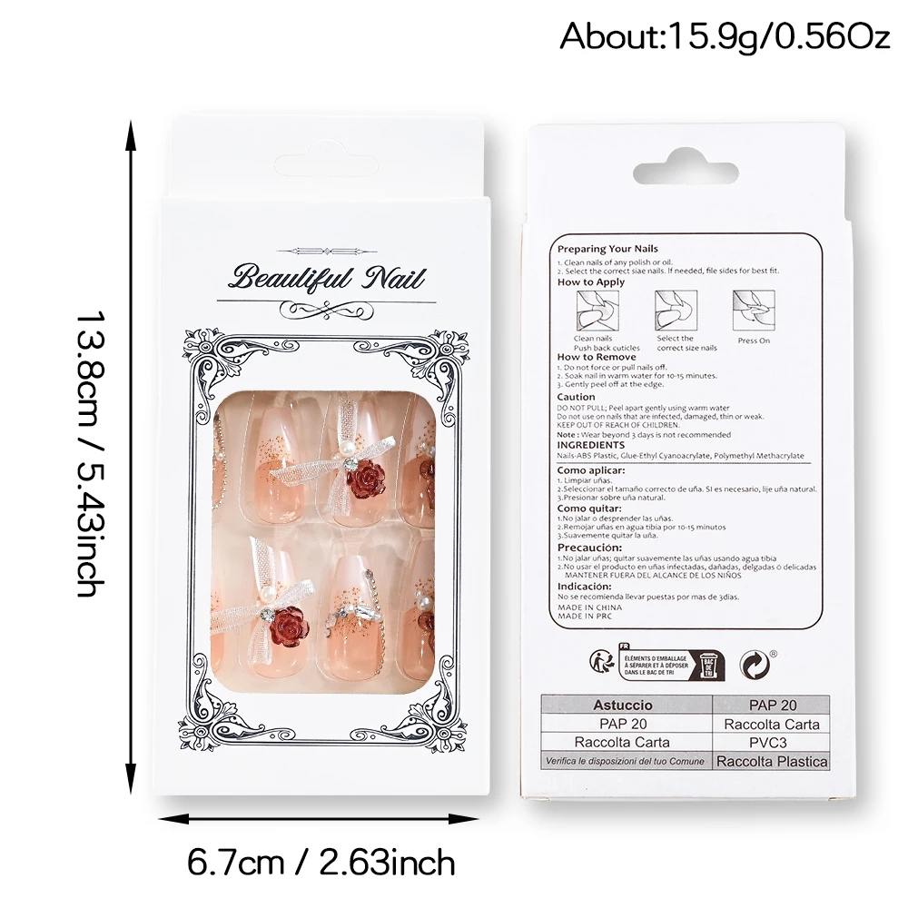 24 pièces 3D Rose papillon strass presse à la main sur les ongles français Ballet faux ongles avec ruban Organza perles faux Fingetips T