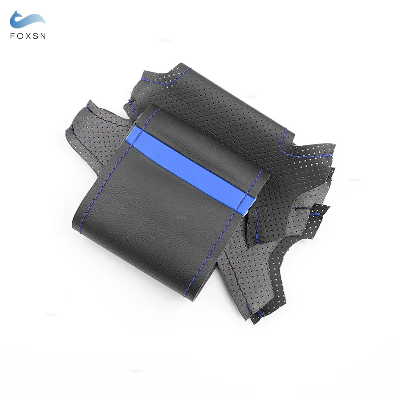 For Peugeot 208 2008 2014 2015 2016 2017 2018 Hand Braid Car Steering Wheel Cover Black Perforated Leather blue line blue strip