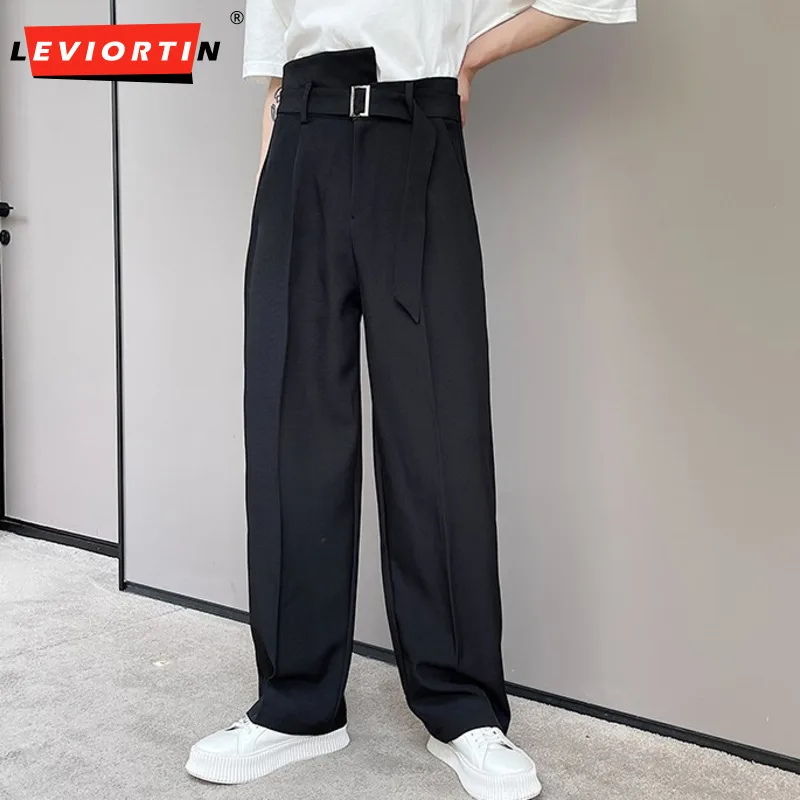 Men Pants Solid Belt Irregular Elastic Waist Joggers Korean Style Straight Trousers Men Streetwear Loose Casual Pants 3