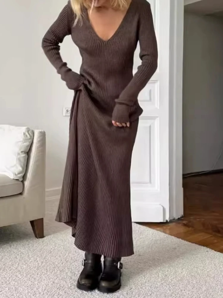 

HOUZHOU Vintage Coquette Women Knitted Dresses V Neck Long Sleeve American Retro Long Dress Slim Solid Color Elegant Winter