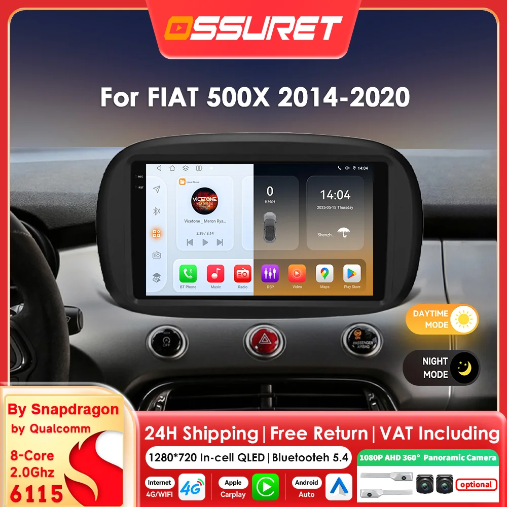 Autoradio 9 pouces AI Voice Carplay Android 14 pour FIAT 500X 2014-2020, lecteur multimédia avec processeur Snapdragon 8 cœurs, GPS, stéréo, caméra 360° et écran