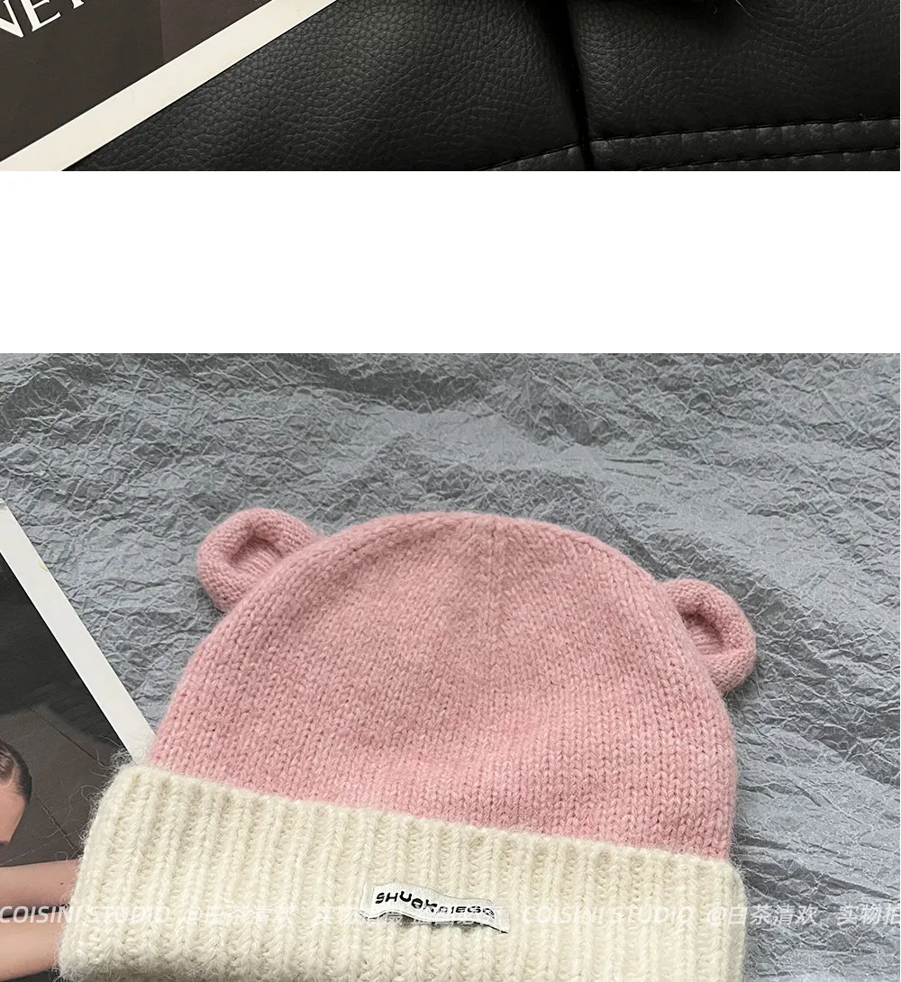 Niedliche Bärenohren-Strickmützen für Frauen, Kontrastfarbene Umschlagmütze, Winter-Warme Weiche Plüsch-Pullover-Mütze, Lässige Streetwear-Kopfbedeckung – Detail 8