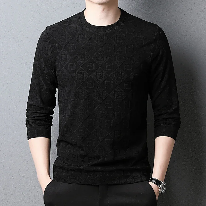 Camiseta monocromática masculina com gola redonda, top Jacquard, capuz confortável e versátil, nova moda