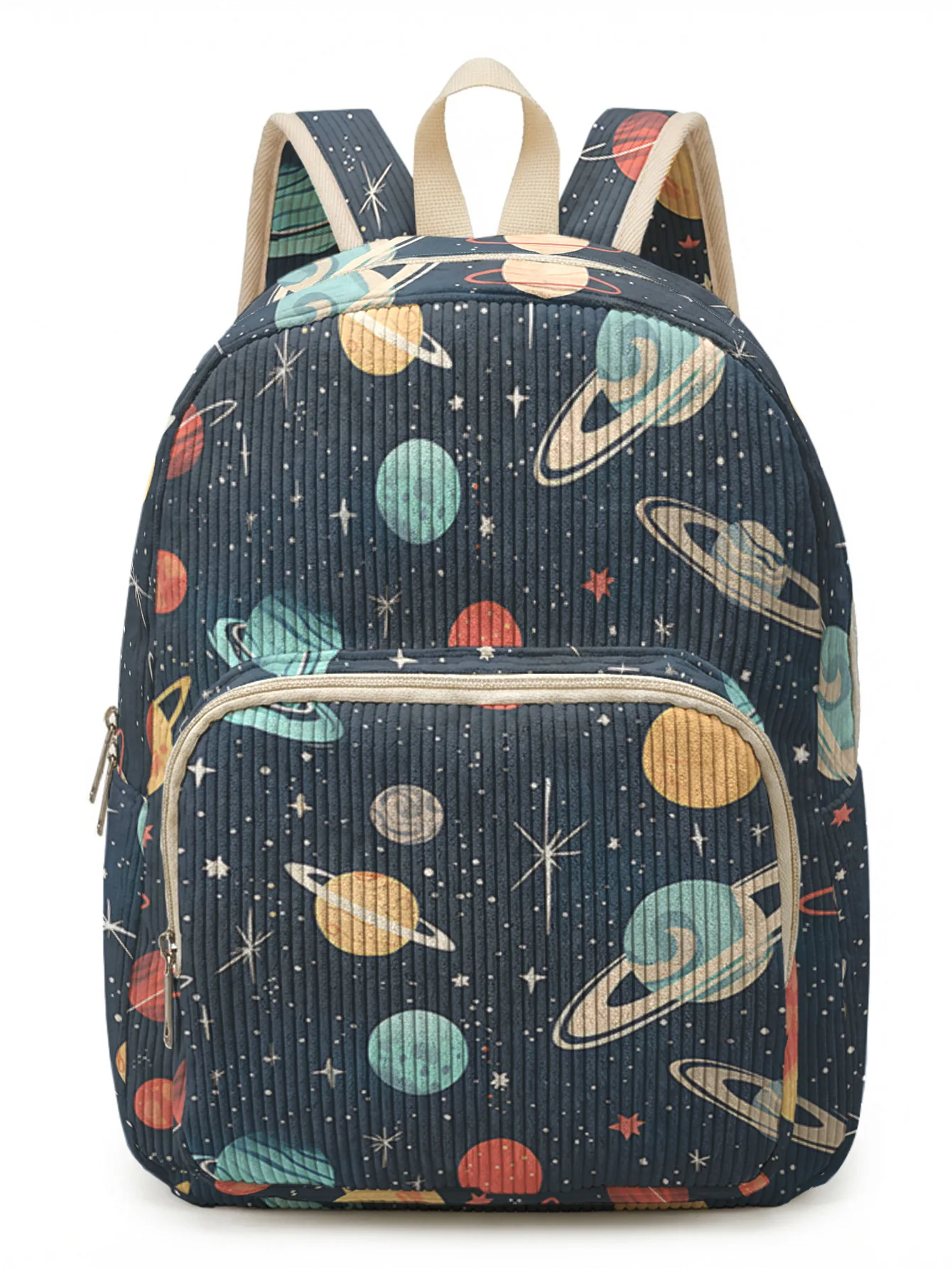 Planet Star Space Allover Print Kids Backpack Dark Blue Corduroy Multi-pocket Large Capacity School Travel Bag view 5