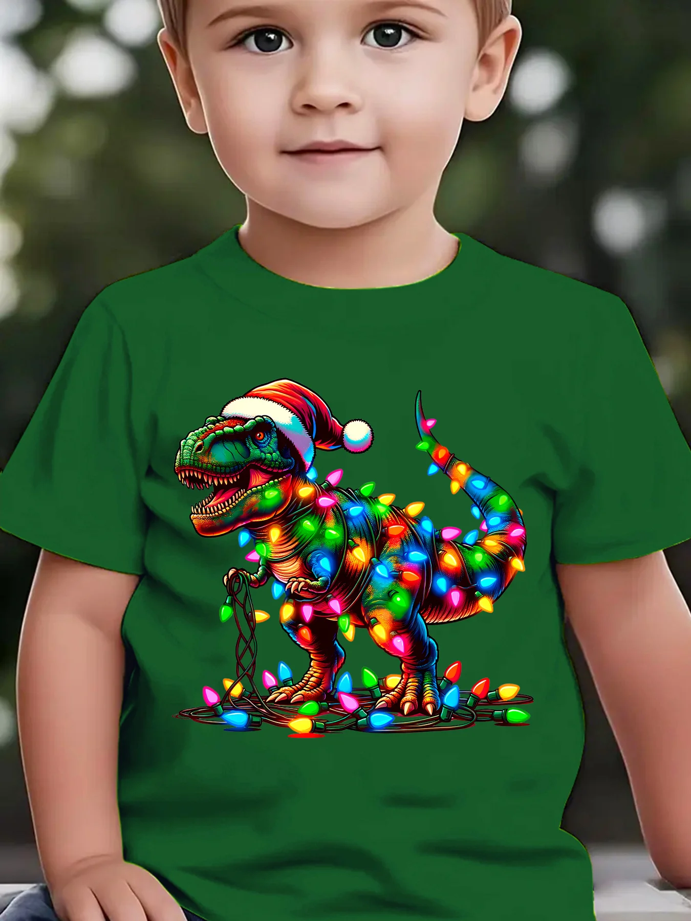Summer Children's Fashion Tshirt with Colorful Lights and Christmas Hat Dinosaur Cartoon Pattern Printed Parent Child Casual Top