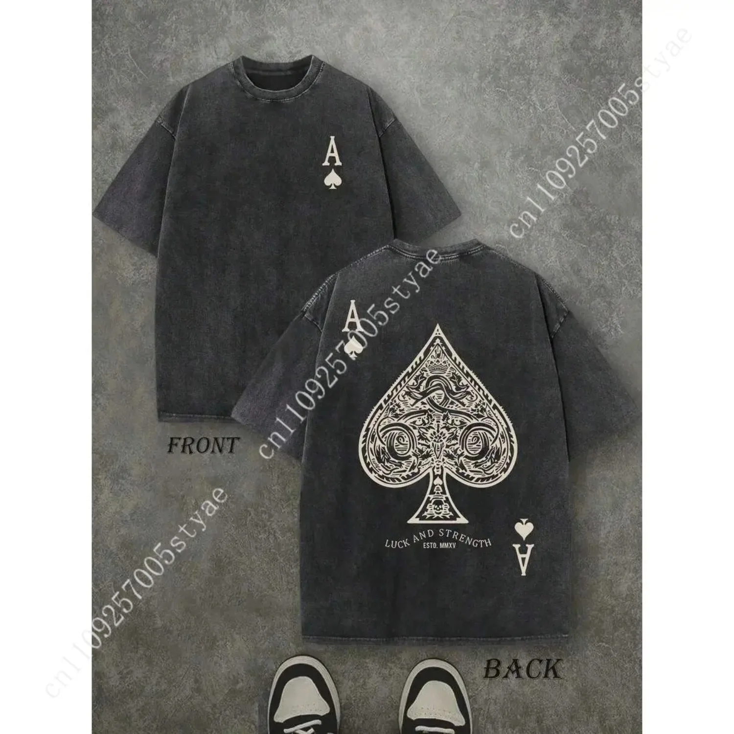 Retro Washed T-Shirt Double Sided Printed (230 Pure Cotton T-Shirt) 'LUCK AND STRENGTH'  Letter And Ace Of Spades Pattern Print,