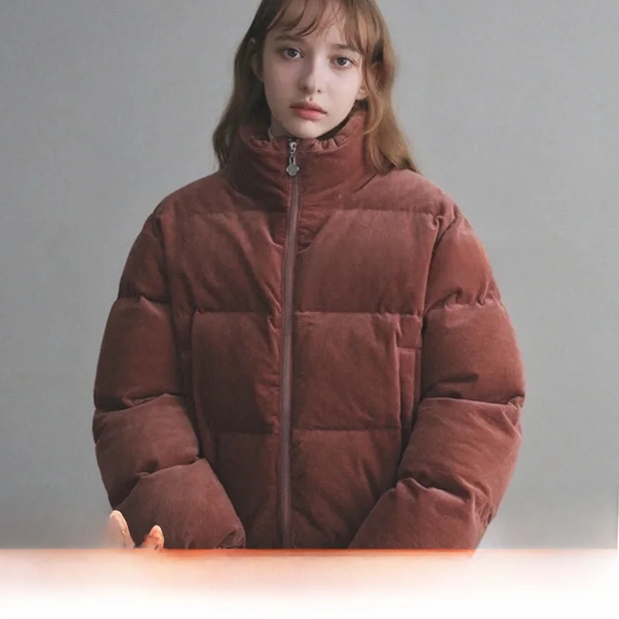 

90 Du down Puffer Jaet Women's Thiened Winter Warm Bread Sle Velvet Surface High Quali Outerwear Long Sve Zipper