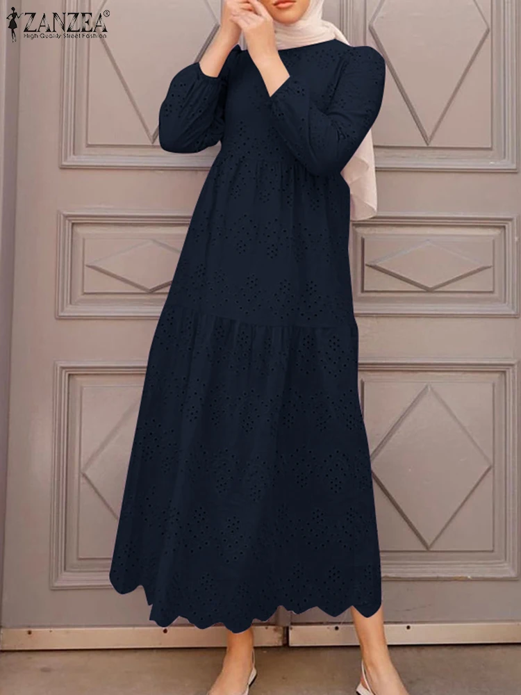 

ZANZEA Openwork Embroidery Muslim Vestidos Islamic O-Neck Loose Long Sleeve Hijab Abaya Robes Womens Modest Fashion Maxi Dresses
