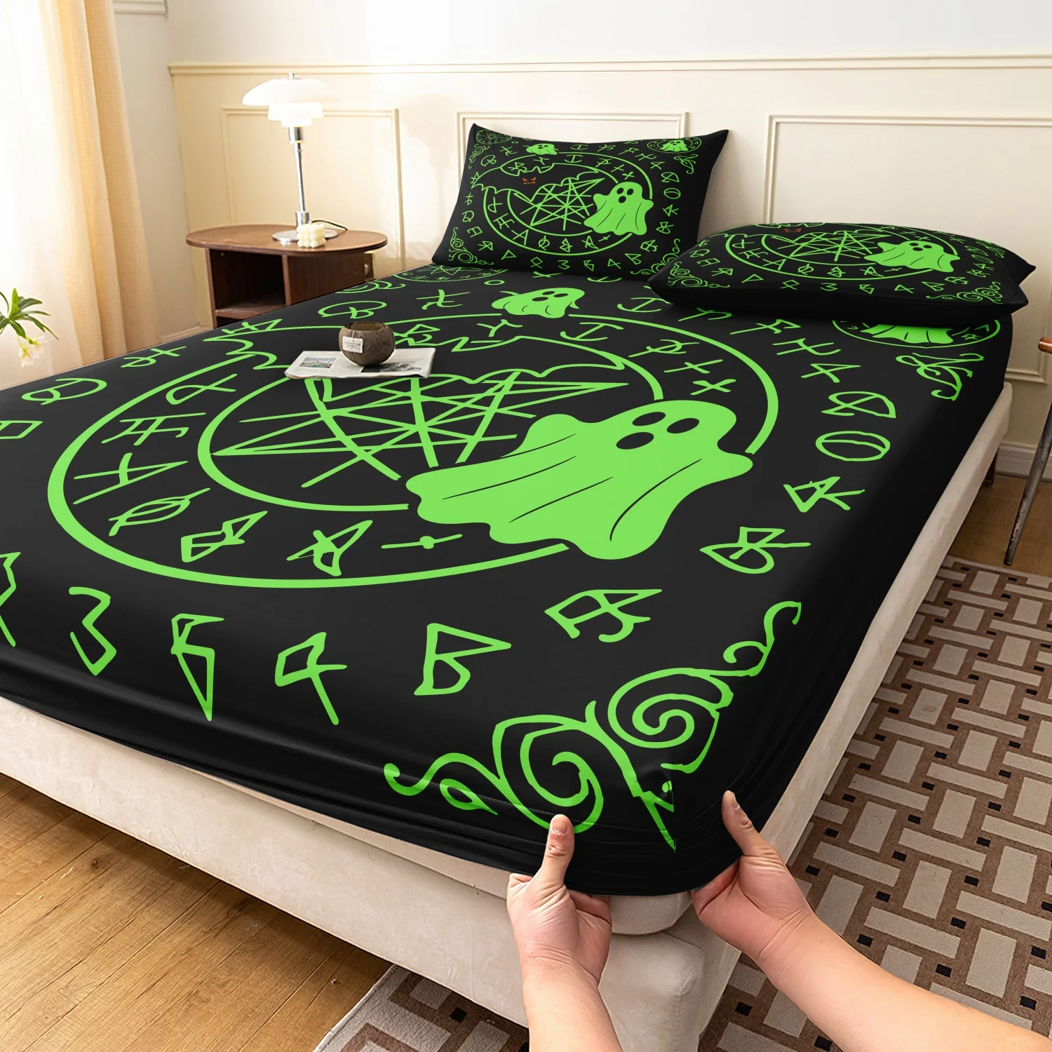 3 Pieces Dark Gothic Ghost Print Fitted Sheet Set, Black Green Rune Symbol Pentagram Spooky Halloween Pattern Bedding,