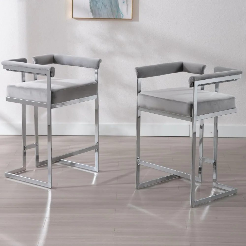

Slivery Base Velvet Counter Stools Set of 2, Upholstered 26" Seat Height Modern Low Barstools with Chromed Legs Open