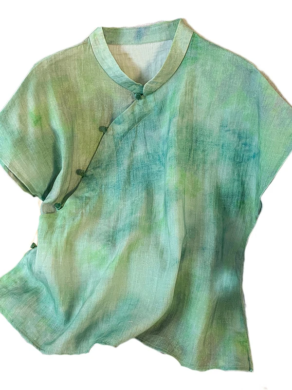 ريترو Sle المرأة الكتان irt ort Sve زر حتى مطبوعة فضفاضة تناسب الصيف الجديدة الصينية الوطنية Sle Zen الروحية Impr...