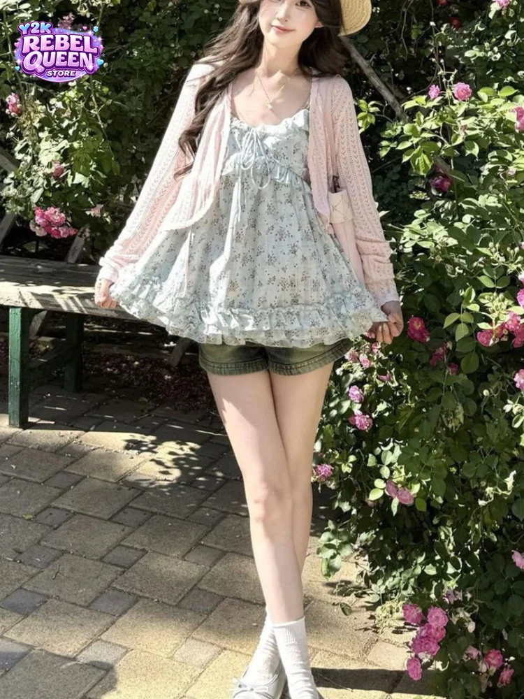 Sweet Korean Style 2 Piece Set Women Floral Ruffle Spaghetti Strap Camisole Top + Pink Hollow Out Knit Cardigan Vacation Outfit