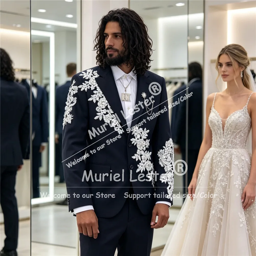 

Customized Beaded Stone Suit Man For Wedding Single Breasted Prom Blazer Men's Business Outfits Slim Fit 2 Piece Costumes Hommes