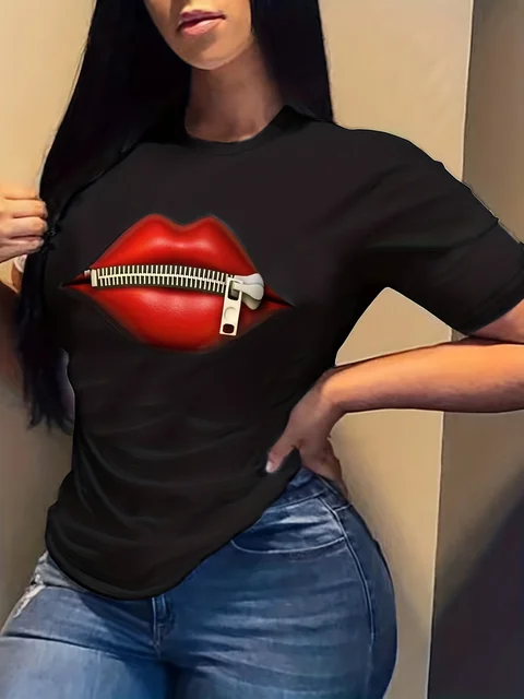 T-shirt z nadrukiem w kształcie ust, koszulka z krótkim rękawem i okrągłym dekoltem, codzienne topy na co dzień, odzież damska