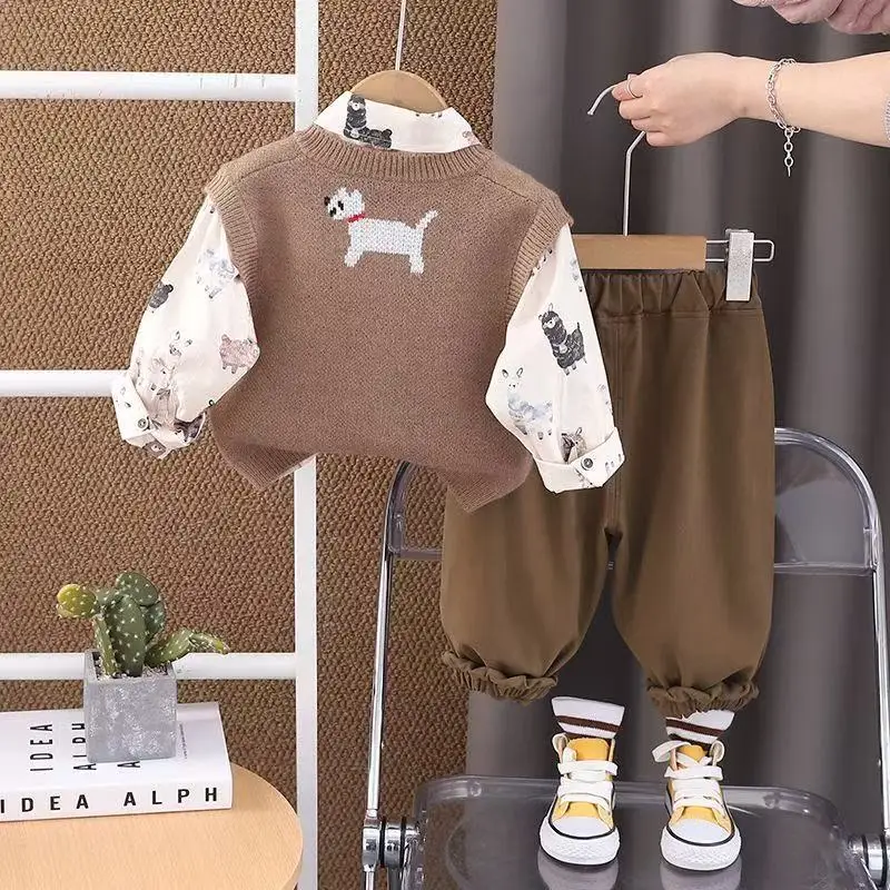 طفل الفتيان الملابس مجموعة الربيع والخريف جديد الأطفال سترة طويلة الأكمام قميص سترة القطن الخالص سراويل تقليدية 3 قطعة مجموعة