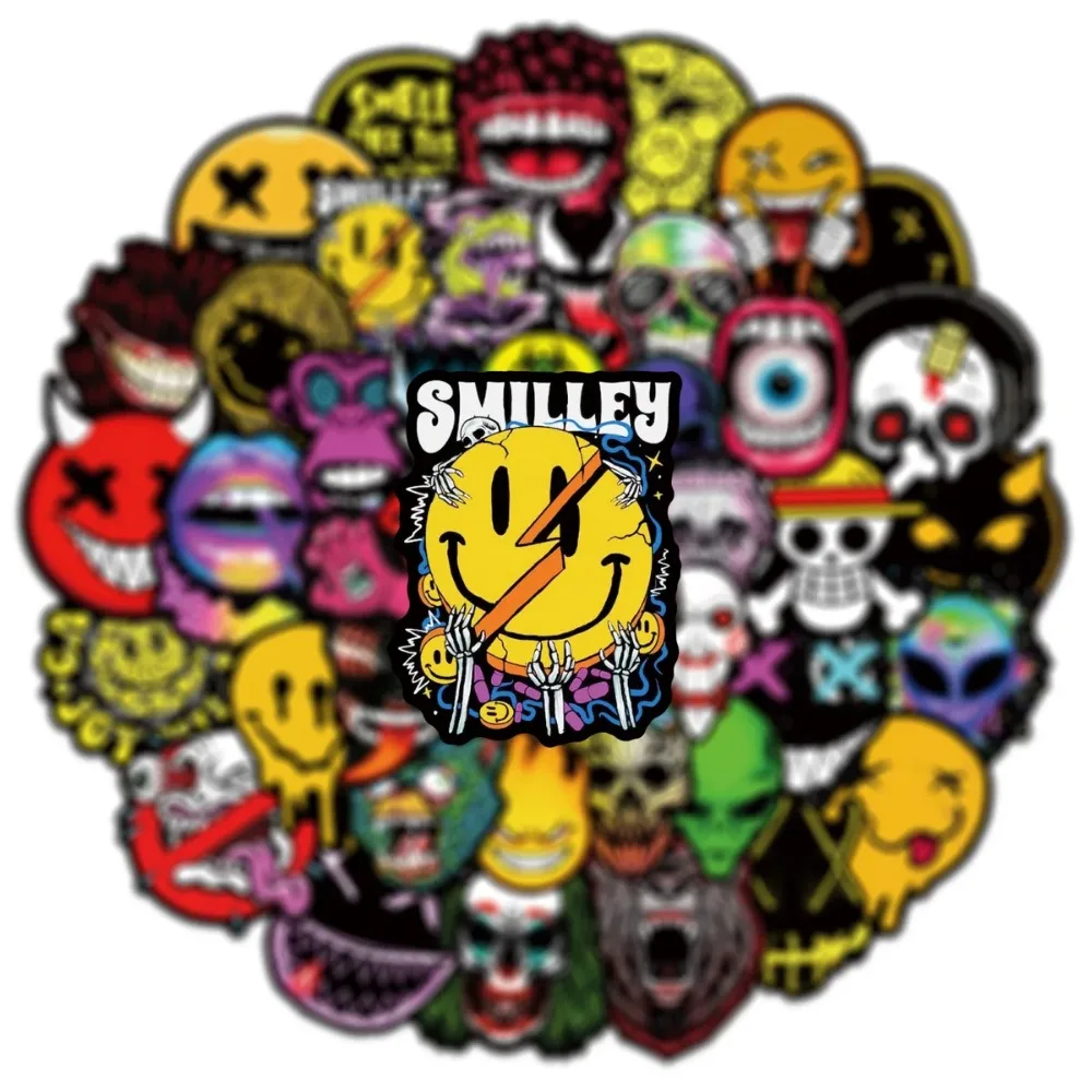 50PCS Cool Fashion Cartoon Horror Smiley Graffiti Sticker Suitcase PVC Skateboard Laptop Refrigerator Phone Car DIY Decal