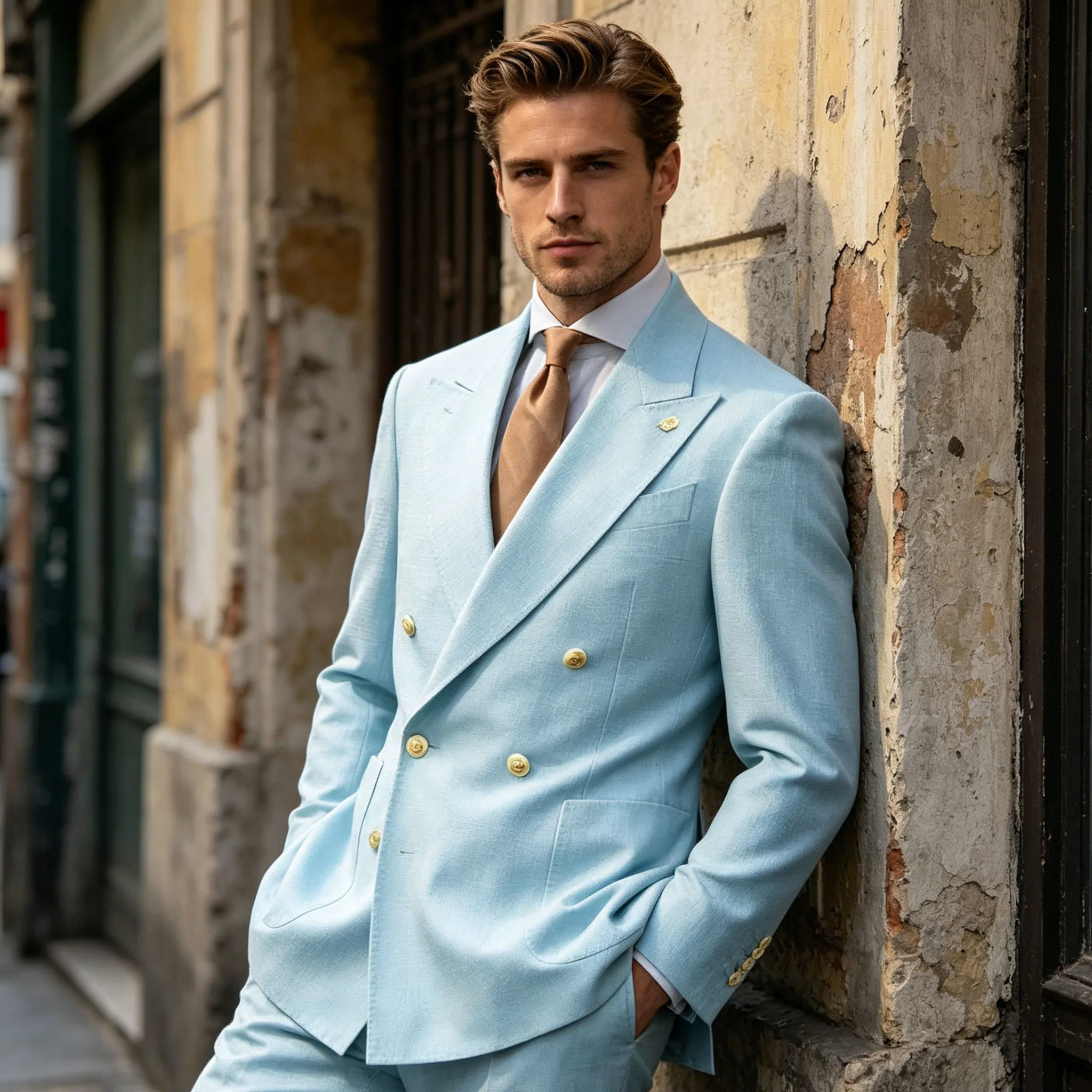 Men's Linen Cotton Blazer Double Breasted Slim Fit Peak Lapel with Gold Button Multi Pocket Jacket Wrinkle Resistant Soft Sport
