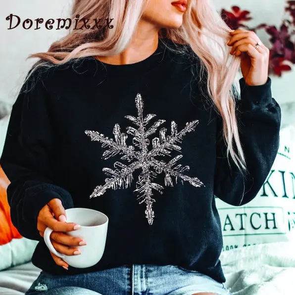 

Autumn Winter Snowflake Snow Cotton Warm Women Holiday Shirt Sweatshirts Gift