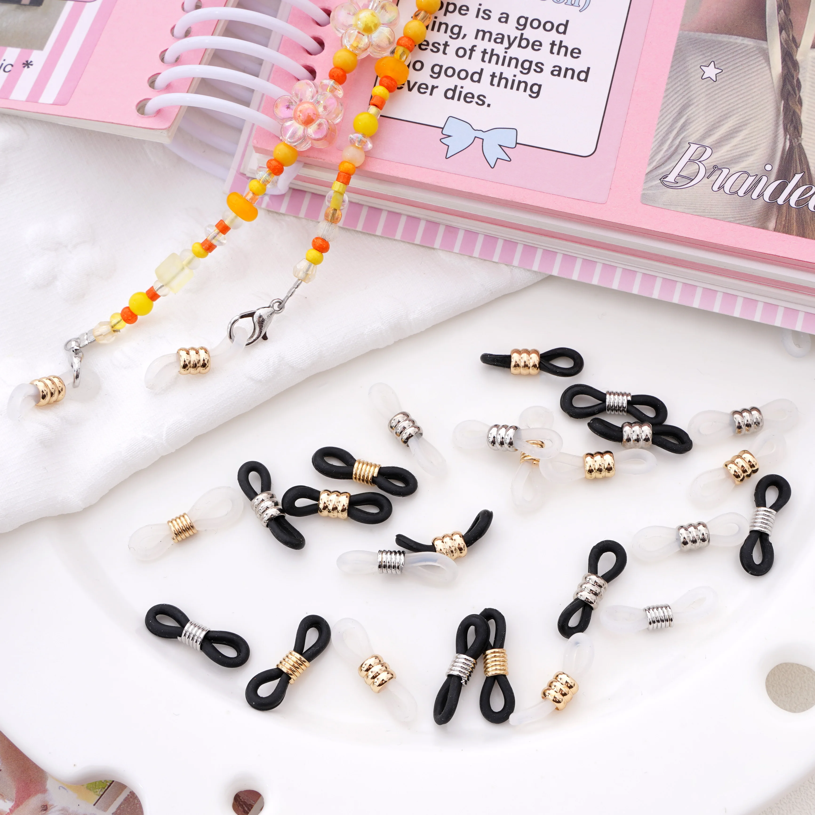 2 peças 20x6mm 18k banhado a ouro/platina ajustável antiderrapante extremidades de corrente de óculos retentor de silicone conectores de anel de óculos