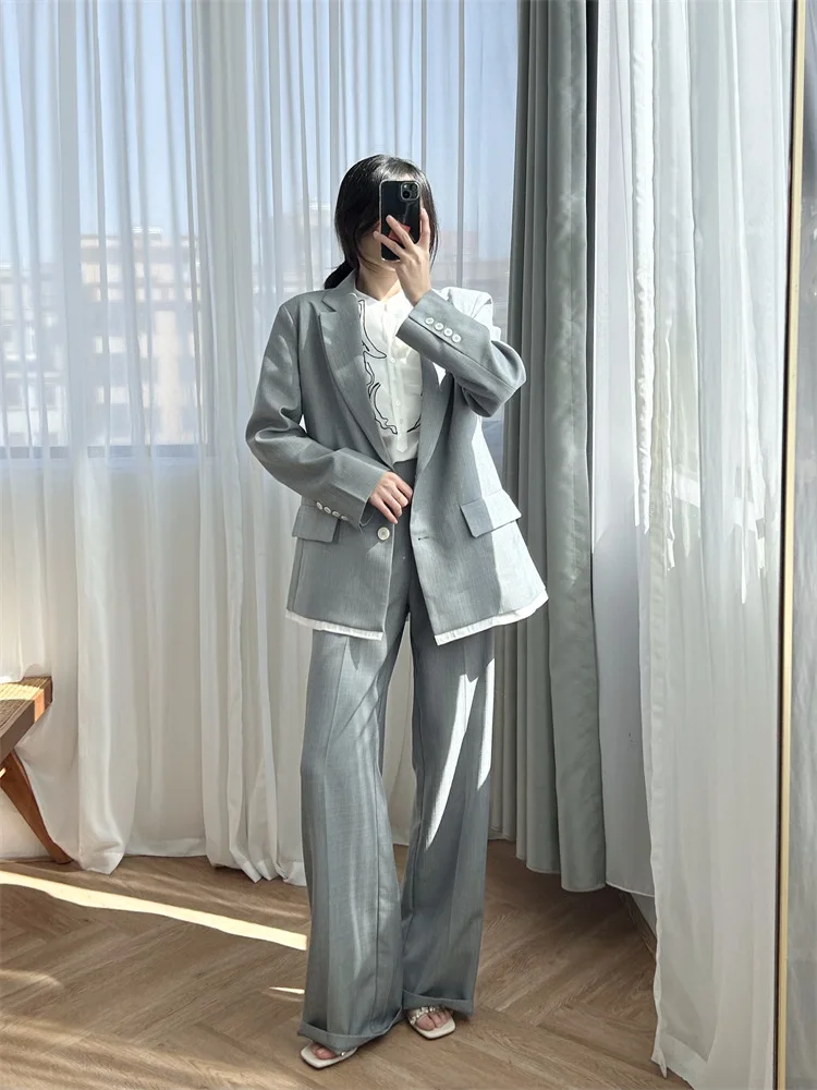 Spring 2024 Women Grey Set Straight Long Trousers or Notched Long Sleeve Single Breasted Fake Two Pieces Jacket