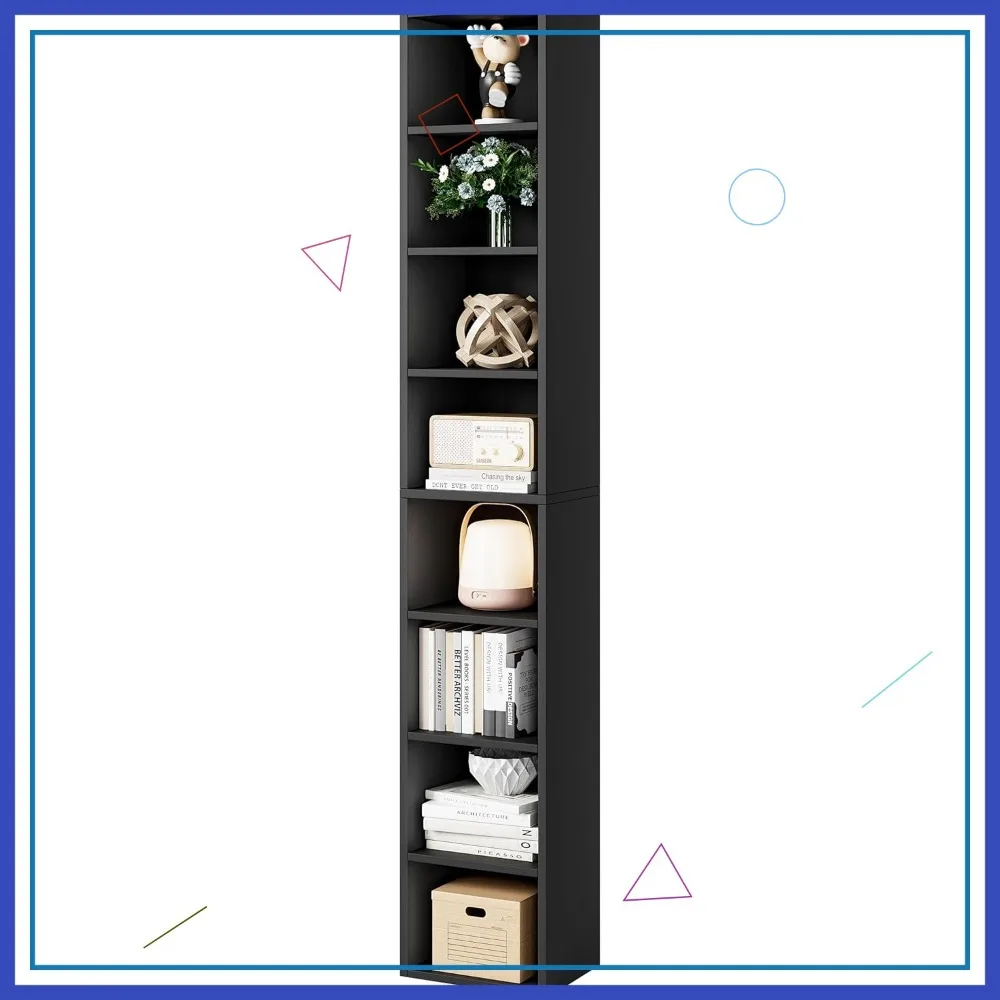 

71-дюймовый узкий книжный шкаф, 8-ярусная тонкая стойка-башня с регулируемыми полками для домашнего офиса, небольшого пространства, черный