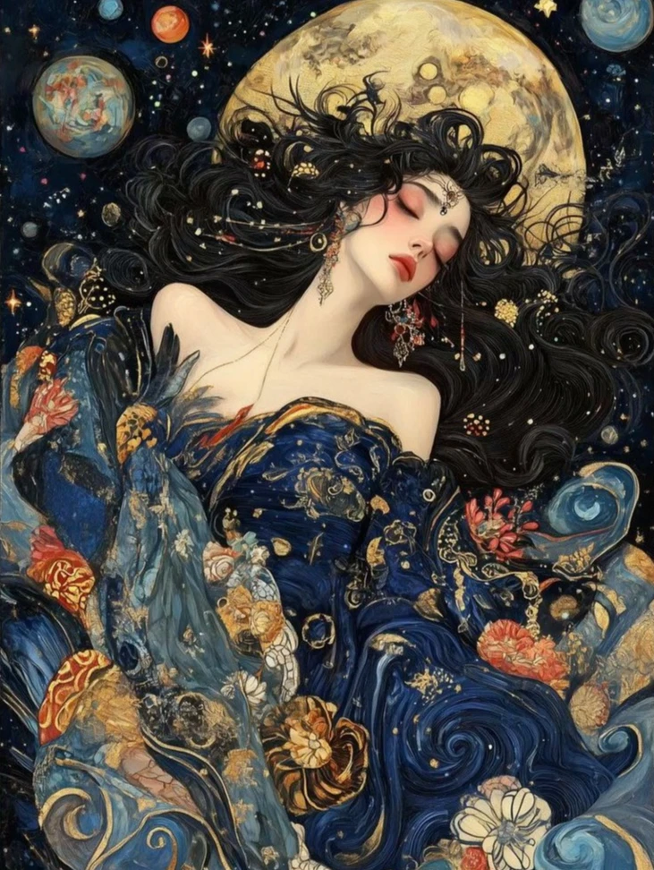 Diamond Painting Sleeping Beauty with Big Moon and Cosmic Starry Sky Diamond Mosaic Handmade Art Creative Gift Home Decor