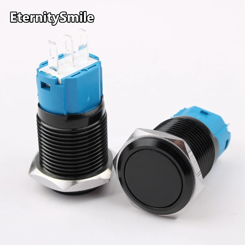 16mm black 1NO1NC flat head high head metal stainless steel instantaneous self-locking button switch