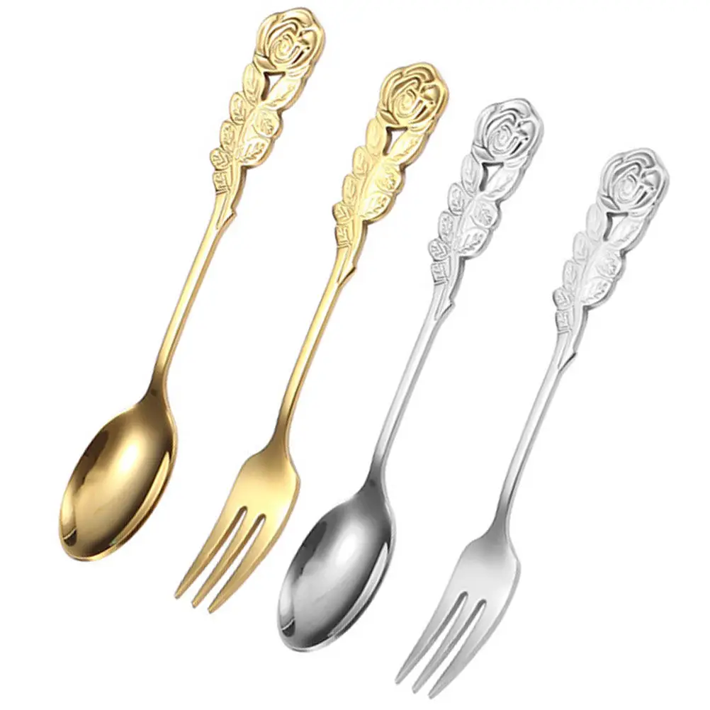 1Set Professional Stainless Steel Coffee Spoons Forks Set Mirror Polished Dessert Serving Utensils for Tea Party