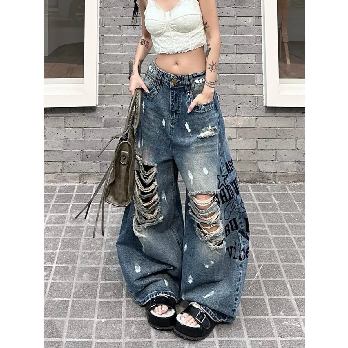 Women Hole Jeansl 2026 Women Washed Splash Ink Ripped Jeans Street Loose Long Trousers Summer Fashion Denim Pants