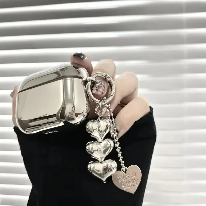 

Luxury Electroplated Silver Earphone Box for Apple Airpods Pro2 Case for AirPods 1 2 3 Cover Simple Abstract Heart Keyring Shell
