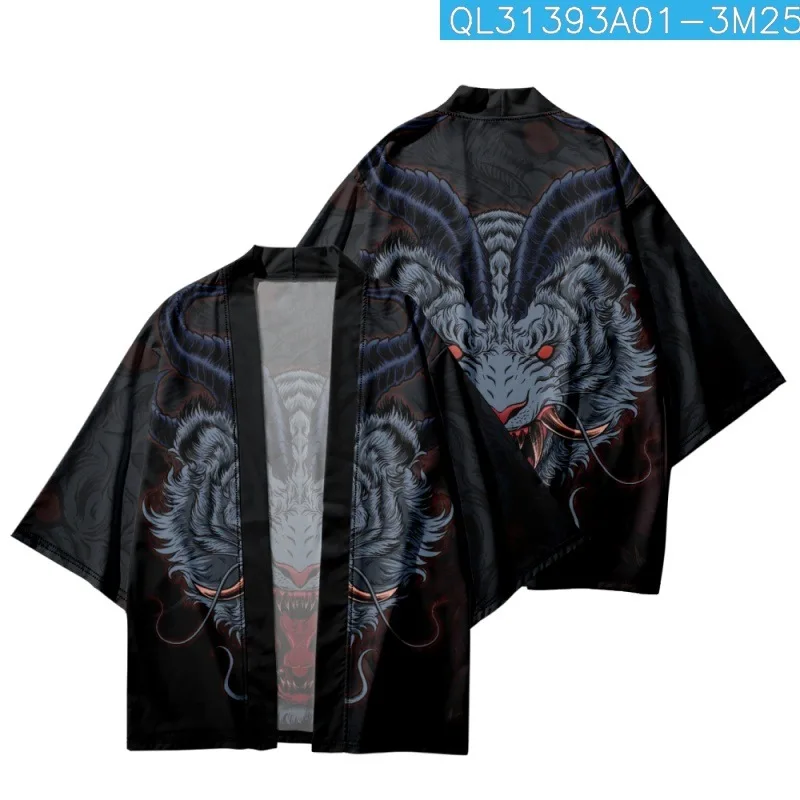 

Chinese Cartoon Mythical Beast Printed Japanese Kimono Beach Shorts Casual Couple Women Men Streetwear Yukata Harajuku Cardigan