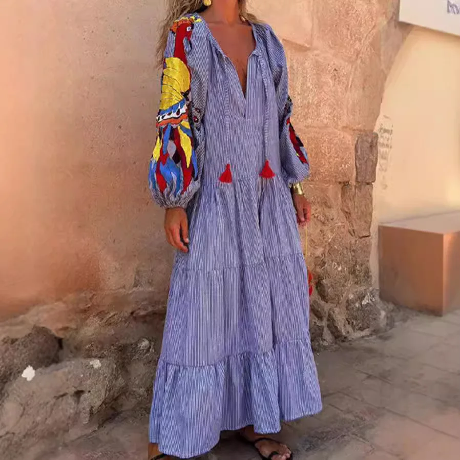 

2024 Autumn Long New V-Neck Lantern Sleeve Striped Printed Dress NQ3454