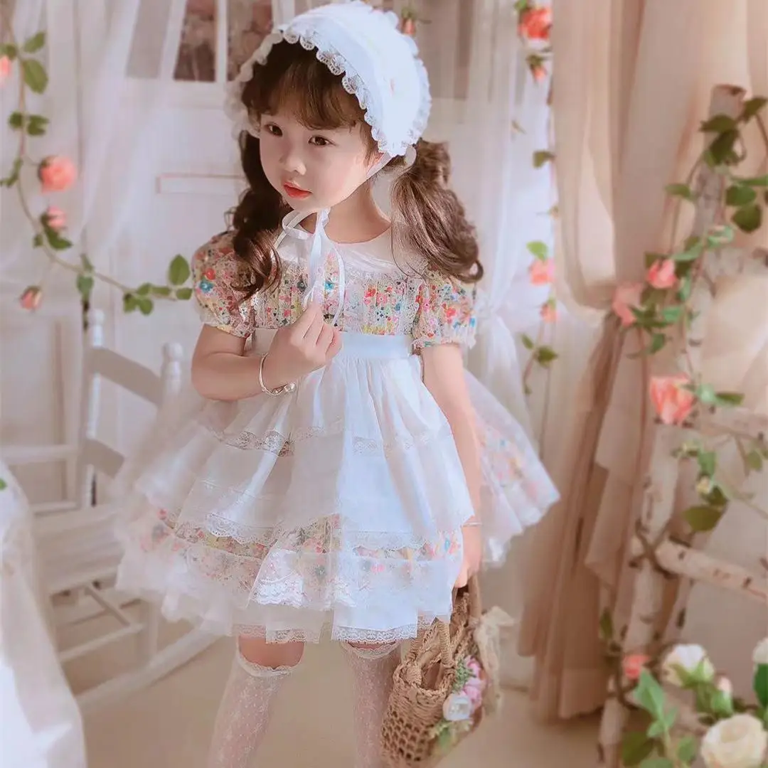 Spring Summer Girls Fragmented Blossom Dress Lolita Princess Dress Kawaii Long Sleeves Sweet Girl Chiffon Fancy Dress