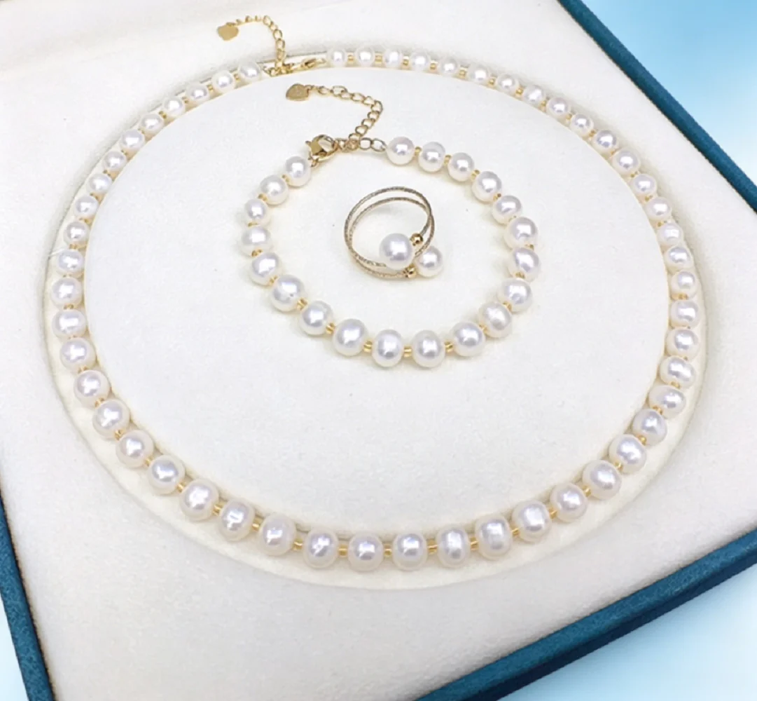 Simple necklace AAAA7-8mm natural pearl necklace 18in+bracelet 7.5-8in elastic ring 925s set